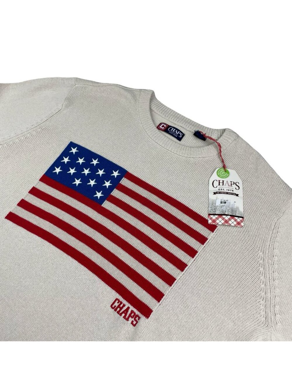 NEW Chaps Ralph Lauren Men's American Flag USA Knit Sweater Oatmeal • Large